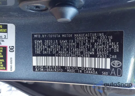 2017 Toyota Corolla Le из США, поврежденный, VIN 2T1BURHE9HC754288